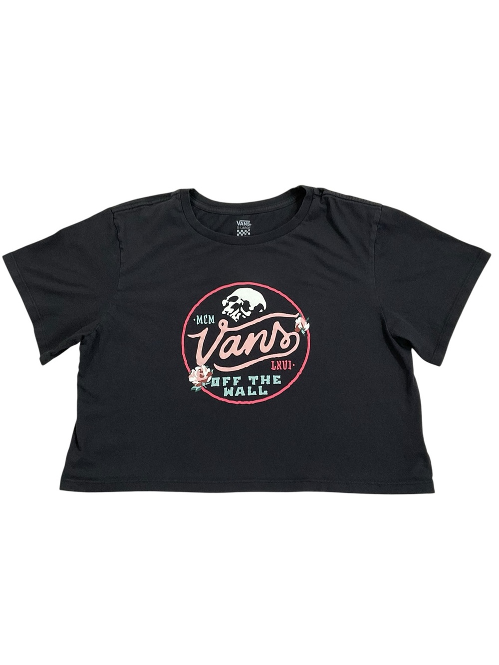 Vans  XL Black Cropped T-Shirt Skull Rose Off The Wall Graphic